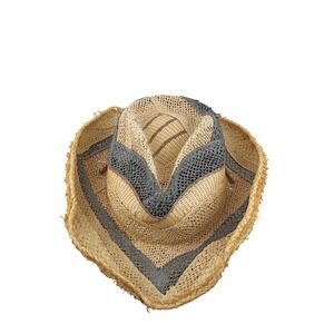 Nicol Hats Straw Cowboy Hat Tan Grey Chevron Western Frayed Brim Mexico Large